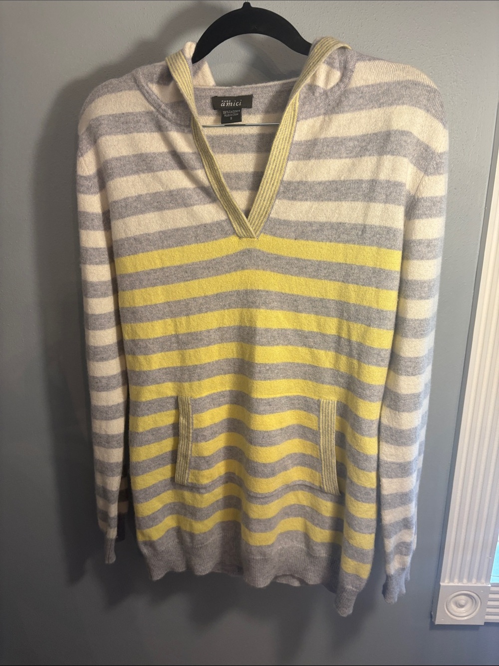 Pure Amici striped Cashmere hooded Lemon and Gray Striped V-Neck Sweater, SZ S